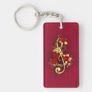 Golden Treble Clef with Rose Flowers Key Ring