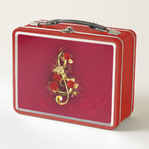 Golden Treble Clef with Rose Flowers Metal Lunch Box