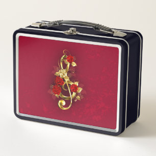 Golden Treble Clef with Rose Flowers Metal Lunch Box