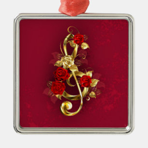 Golden Treble Clef with Rose Flowers Metal Tree Decoration