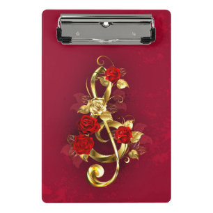 Golden Treble Clef with Rose Flowers Mini Clipboard