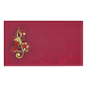 Golden Treble Clef with Rose Flowers Name Tag