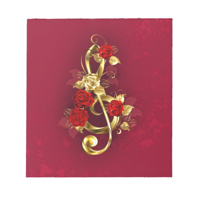 Golden Treble Clef with Rose Flowers Notepad (Front)