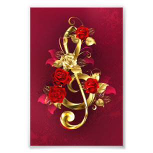Golden Treble Clef with Rose Flowers Photo Print