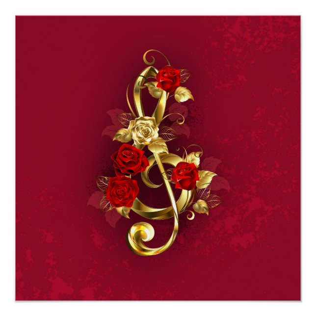 Golden Treble Clef with Rose Flowers Poster (Front)