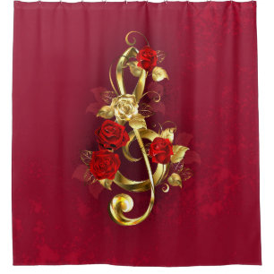 Golden Treble Clef with Rose Flowers Shower Curtain