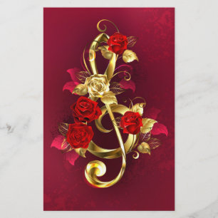 Golden Treble Clef with Rose Flowers Stationery