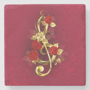 Golden Treble Clef with Rose Flowers Stone Coaster