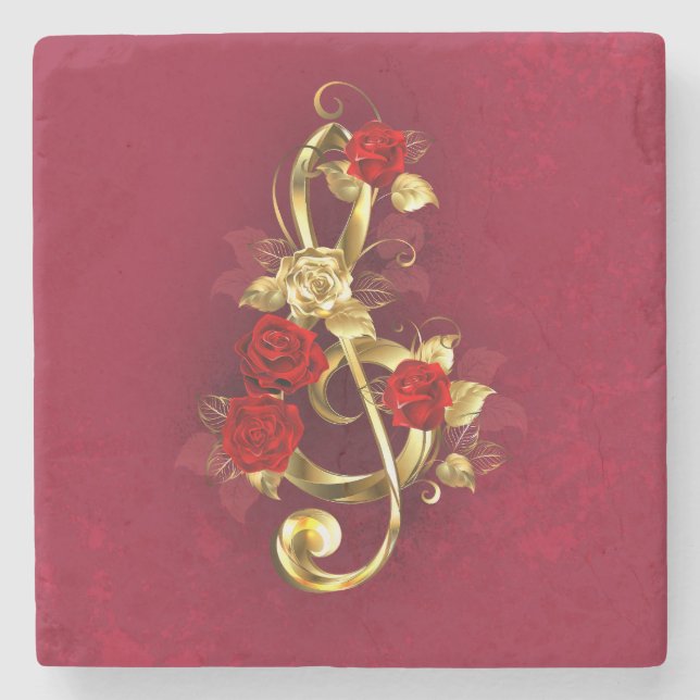 Golden Treble Clef with Rose Flowers Stone Coaster (Front)