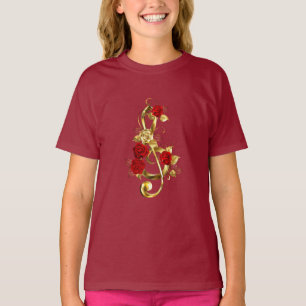 Golden Treble Clef with Rose Flowers T-Shirt