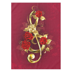 Golden Treble Clef with Rose Flowers Tablecloth
