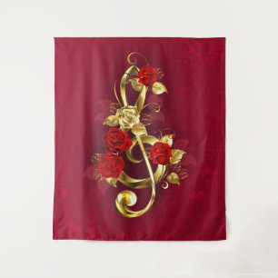 Golden Treble Clef with Rose Flowers Tapestry
