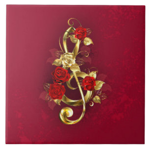 Golden Treble Clef with Rose Flowers Tile