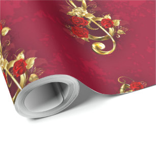 Golden Treble Clef with Rose Flowers Wrapping Paper