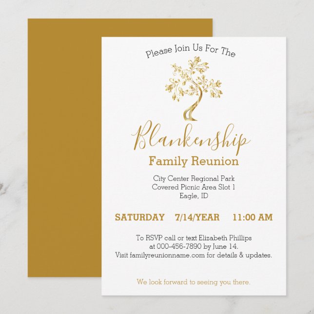 Golden Tree Black White Gold 1-Day Family Reunion  Invitation (Front/Back)