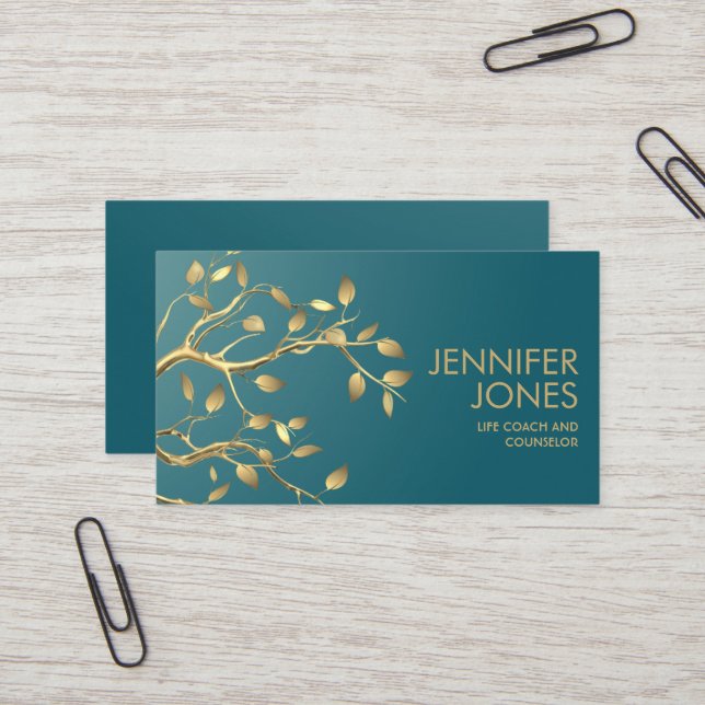 Golden Tree Branch on Teal  Business Card (Front/Back In Situ)