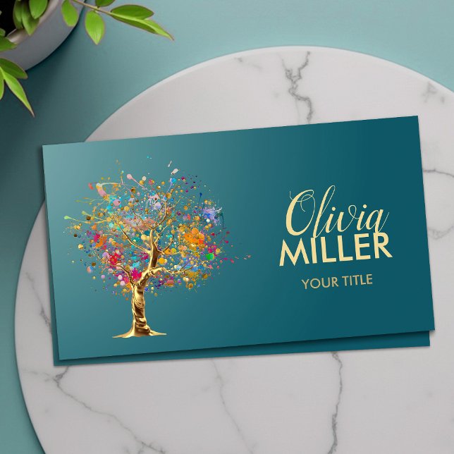 Golden Tree - Colourful Splatter on Ming Green Business Card (Creator Uploaded)