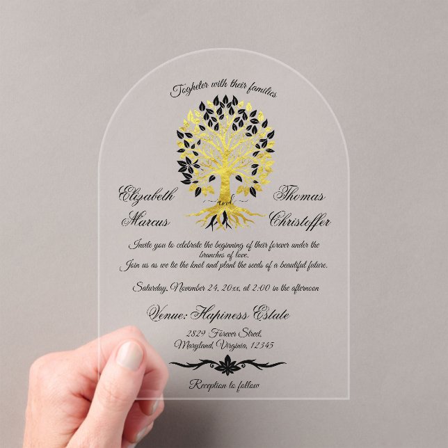 Golden Tree of Life Timeless Sophisticated Wedding Acrylic Invitations (Insitu (Handheld))