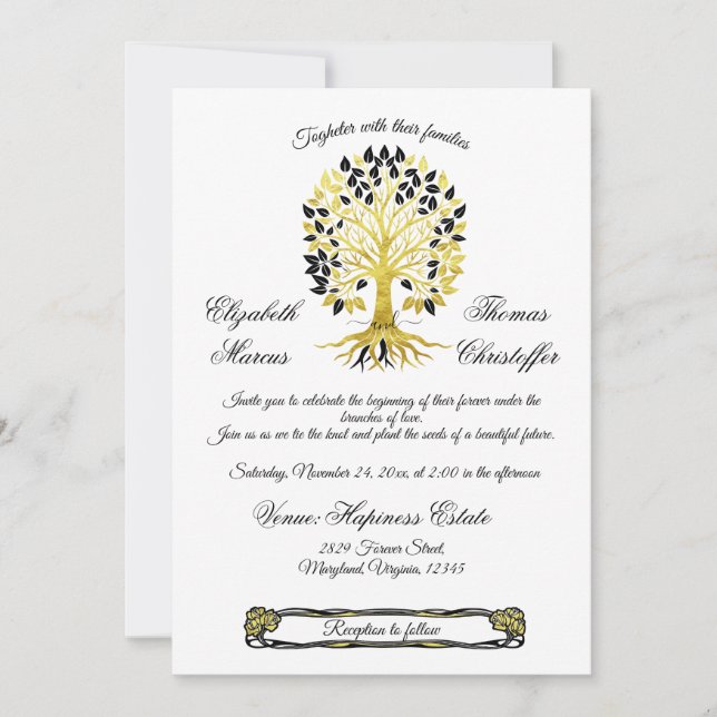 Golden Tree of Life Timeless Sophisticated Wedding Invitation (Front)