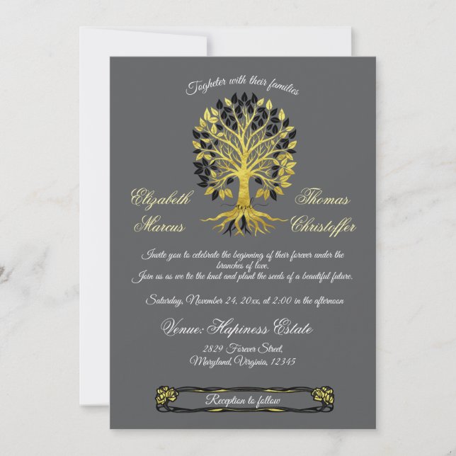 Golden Tree of Life Timeless Sophisticated Wedding Invitation (Front)
