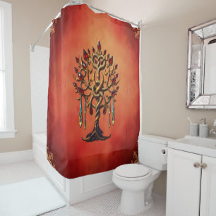 Golden Tree of Life with Red Gemstones Shower Curtain