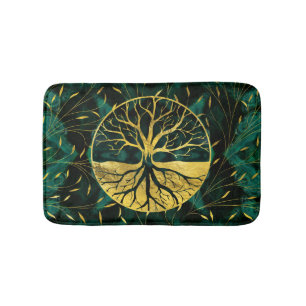 Golden Tree of Life Yggdrasil on Malachite Bath Mat