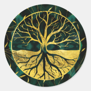 Golden Tree of Life Yggdrasil on Malachite Classic Round Sticker