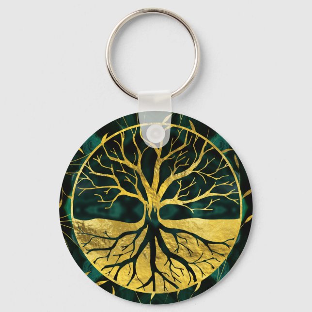 Golden Tree of Life Yggdrasil on Malachite Key Ring (Front)
