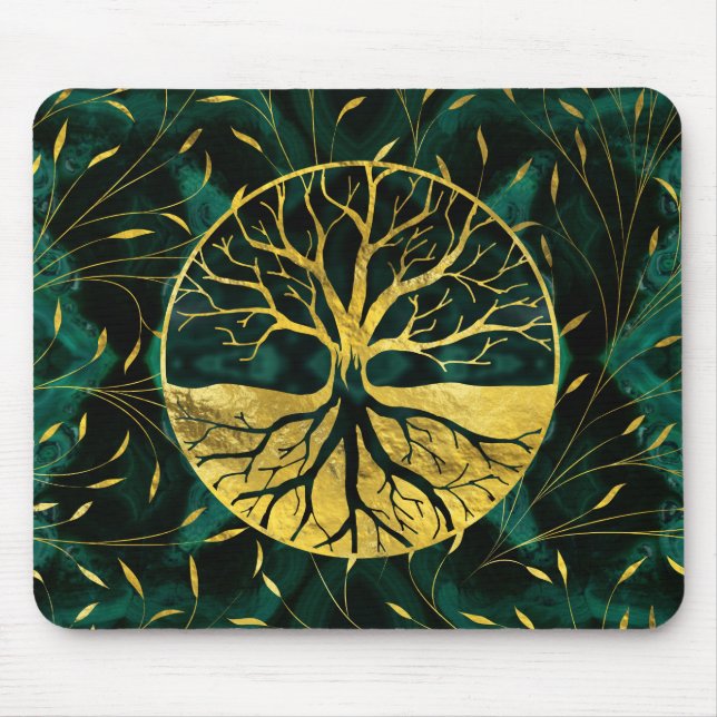 Golden Tree of Life Yggdrasil on Malachite Mouse Mat (Front)