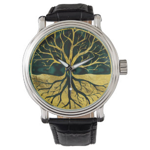 Golden Tree of Life Yggdrasil on Malachite Watch