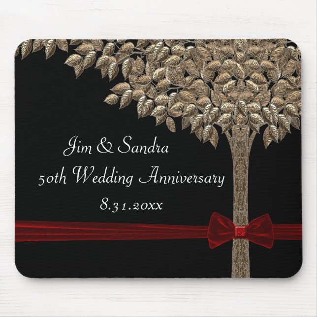 Golden Tree With Red Ribbon & Bow Mouse Mat (Front)