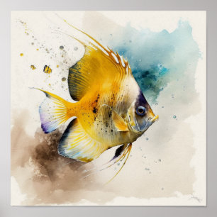 Golden Tropical Fish with Soft Teal Watercolor Poster