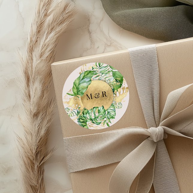 Golden Tropical Foliage Monogram Wedding Classic Round Sticker (Creator Uploaded)