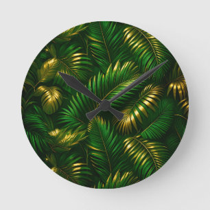 Golden Tropical Leaves Jungle Luxe Round Clock