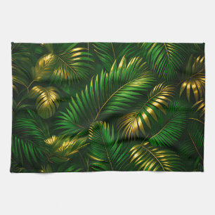 Golden Tropical Leaves Jungle Luxe Tea Towel