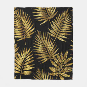 Golden Tropical Leaves Luxe Pattern Fleece Blanket