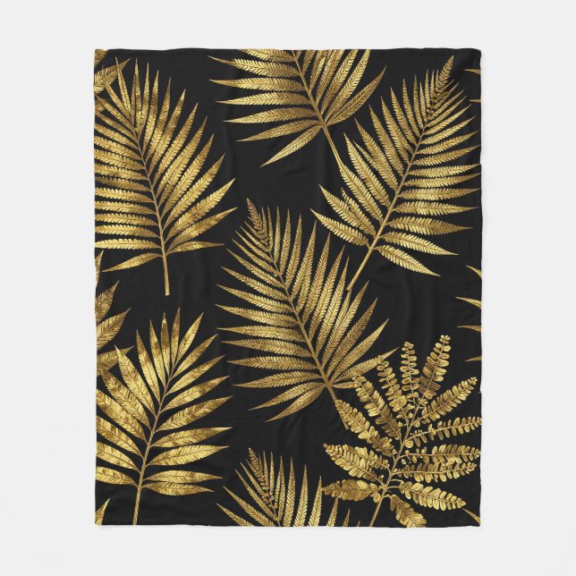 Golden Tropical Leaves Luxe Pattern Fleece Blanket (Front)