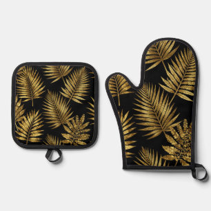 Golden Tropical Leaves Luxe Pattern Oven Mitt & Pot Holder Set
