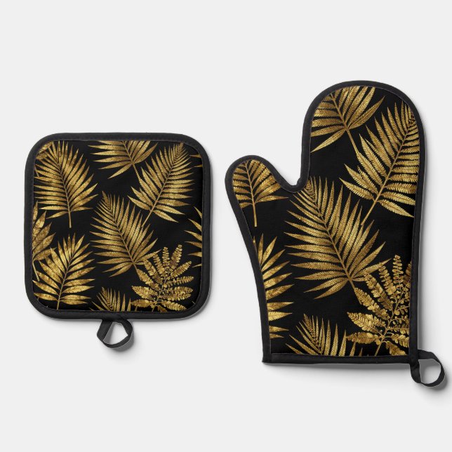 Golden Tropical Leaves Luxe Pattern Oven Mitt & Pot Holder Set (Front)