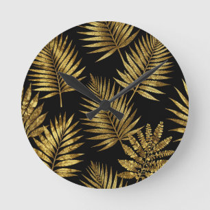 Golden Tropical Leaves Luxe Pattern Round Clock