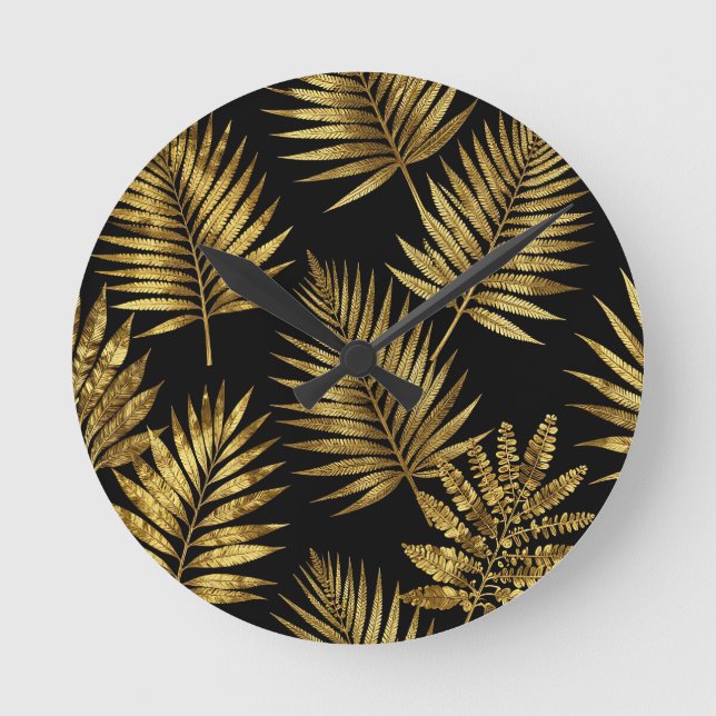 Golden Tropical Leaves Luxe Pattern Round Clock (Front)
