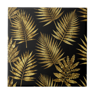 Golden Tropical Leaves Luxe Pattern Tile