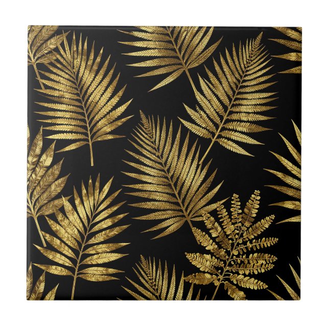 Golden Tropical Leaves Luxe Pattern Tile (Front)