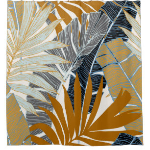 Golden Tropical Leaves Silhouette Shower Curtain
