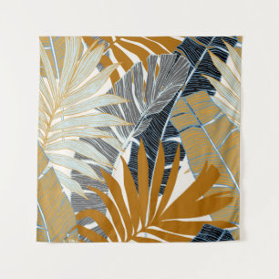 Golden Tropical Leaves Silhouette Tapestry