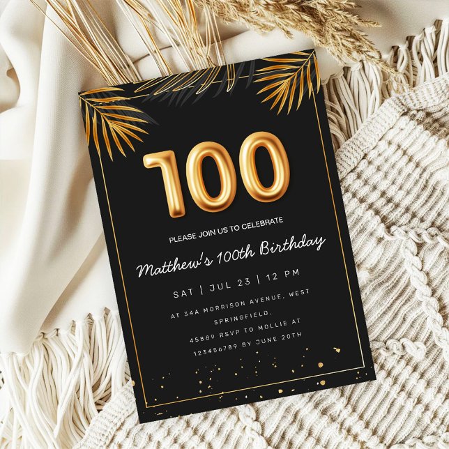 Golden Tropical Palm Leaves 100th Birthday  Invitation (Creator Uploaded)