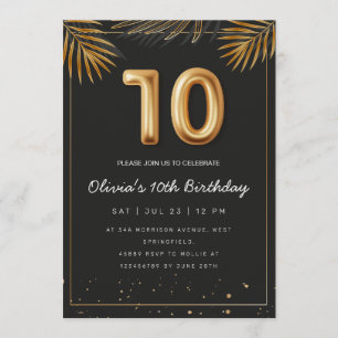 Golden Tropical Palm Leaves 10th Birthday  Invitation