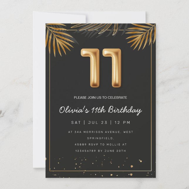 Golden Tropical Palm Leaves 11th Birthday  Invitation (Front)