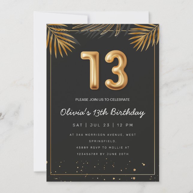 Golden Tropical Palm Leaves 13th Birthday  Invitation (Front)
