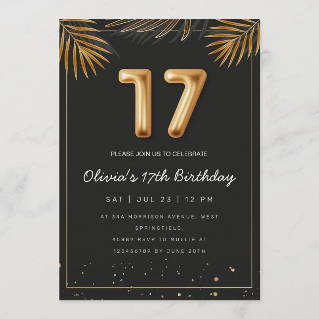 Golden Tropical Palm Leaves 17th Birthday  Invitation (Front)